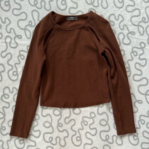 Anthropologie Tops - Anthropologie Brown Ribbed Cut Out Long Sleeve